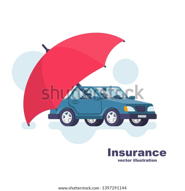 Insurance car. Cartoon\
style umbrella that protects the car. Safety auto concept. Vector\
illustration flat icon design. Isolated on white background.\
Vehicle protection.