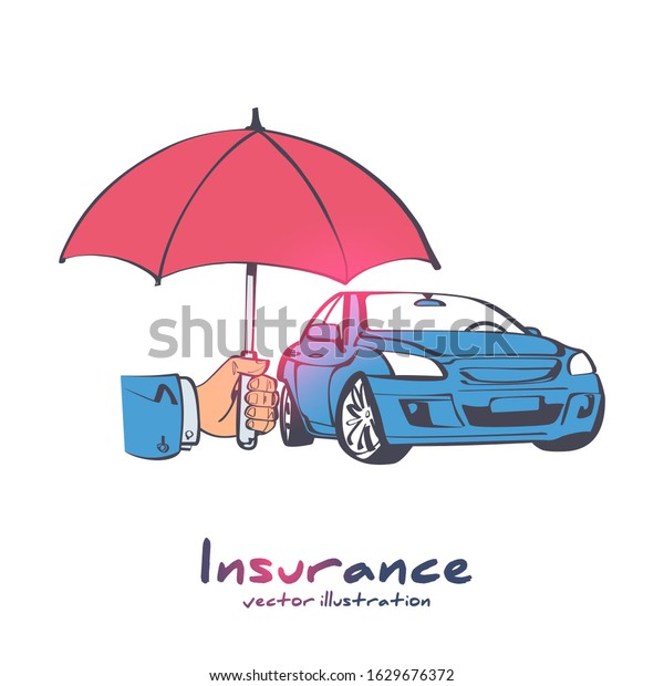 Insurance car. Cartoon\
style umbrella that protects the car. Safety auto concept. Vector\
illustration sketch icon design. Isolated on white background.\
Vehicle protection. 