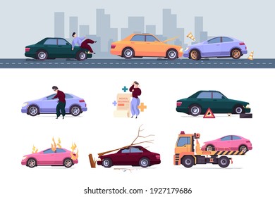 Insurance car. Crash auto accident drivers save life vehicle problems robbery damaged fire garish vector insurance concept flat pictures
