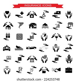 Insurance Car, home, disasters, investment, health, and travel icons  set