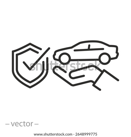 insurance car icon, auto with shield, property insurance, save transport,  hand with automobile, thin line symbol on white background - editable stroke vector illustration eps10