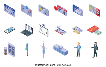 Insurance Card Icons Set Isometric Vector. Hospital Health. Family Medical