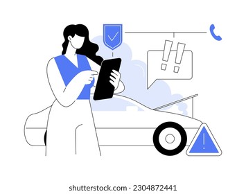 Insurance case abstract concept vector illustration. Owner of the broken car calls the insurance company, protection idea, business industry, consulting with broker abstract metaphor.