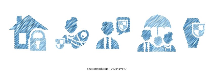 Insurance Case and Risk Security Against Unpleasant Incidents Pen Drawn Vector Set