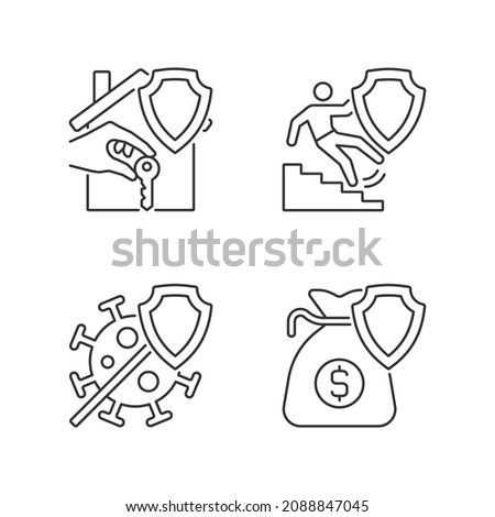 Insurance cases linear icons set. Financial support at accidents. Insurance policy coverage. Guaranteed safety. Customizable thin line contour symbols. Isolated vector outline illustrations