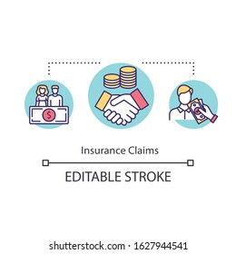 Insurance claim concept icon. Personal refund. Get money back. Assurance benefit. Reimbursement idea thin line illustration. Vector isolated outline RGB color drawing. Editable stroke