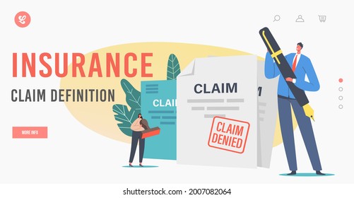 Insurance Claim Definition Landing Page Template. Tiny Characters At Denied Certificate. Protection Of Health, Life, Real Estate And Property Interests. Cartoon People Vector Illustration