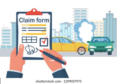 Insurance claim form. Accident concept. Man writes form on background crash car. Transport incident. Vector illustration flat design. Two vehicle collided on the road. 