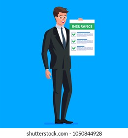 Insurance Claim Form. Man In Suit, Manager Or Agent Shows A Document, Insurance. Vector Illustration 