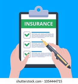 Insurance Claim Form. Man Writes Form, Holding Clipboard In Hand. Vector Illustration Flat Design. 