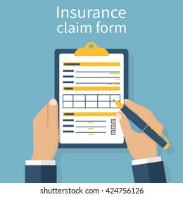 Insurance Claim Form. Man Writes Form, Holding Clipboard In Hand. Vector Illustration Flat Design.