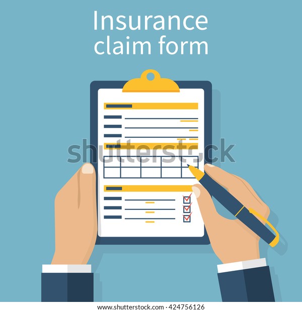 Insurance claim form. Man\
writes form, holding clipboard in hand. Vector illustration flat\
design.
