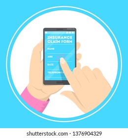 Insurance Claim Form On The Mobile Screen. Buying Health Insurance Online. Application Digital Document. Isolated Vector Illustration In Cartoon Style