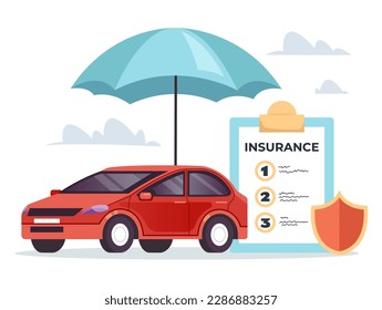 Insurance claim policy auto car automobile under umbrella concept. Vector graphic design illustration