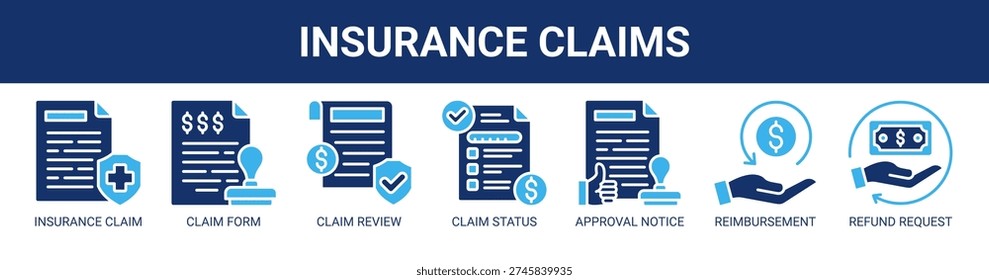 Insurance Claims web banner icon vector illustration concept with icons of insurance claim, claim form, claim review, claim status, approval notice, reimbursement process, and refund request.