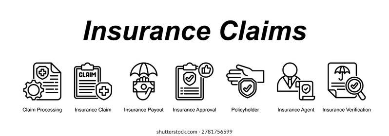 Insurance Claims web banner icon concept for with icon of Claim Processing, Insurance Claim, Payout, Approval, Policyholder, Agent, Verificatio.