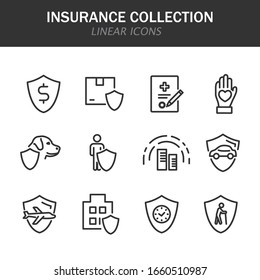 Iconos lineales de la colección de seguros en negro sobre fondo blanco