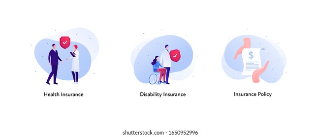 Insurance color icon collection. Health and disablity policy concept. Vector flat Illustration set. Businessman and doctor, woman in wheelchair. Design element for business banner, poster, web, ui.