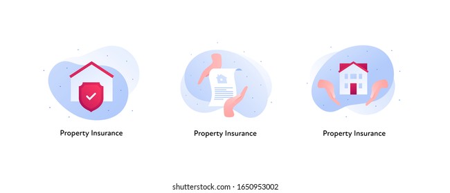 Insurance color icon collection. Home and property protection concept. Vector flat Illustration set. House and red shield, paper document and hands holding building. Design element for banner, web, ui