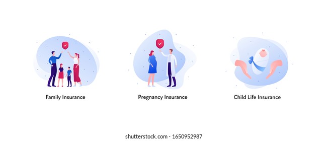 Insurance color icon collection. Life and pregnancy concept. Vector flat Illustration set. Family with child, pregnant woman and doctor, hands holding baby. Design element for business banner, web, ui