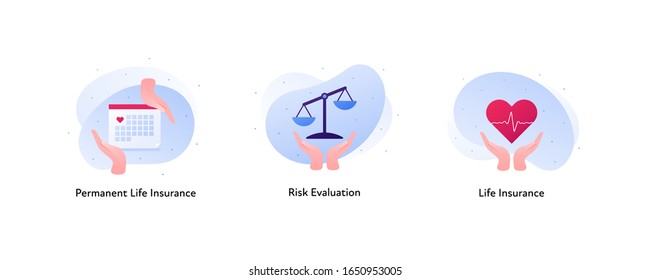 Insurance color icon collection. Life and risk evaluation concept. Vector flat Illustration set. Hands holding heart sign, libra and calendar. Design element for business banner, poster, web, ui.