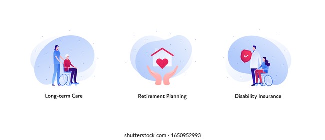 Insurance color icon collection. Retirement planning and disability concept. Vector flat Illustration set. Nurse and senior in wheelchair, doctor, hands hold house. Design element for banner, web, ui.