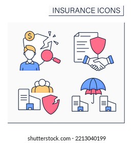 Insurance Color Icons Set. Loss Adjuster, Policy, Reinsurance, Public Liability. Business Concept.Isolated Vector Illustrations