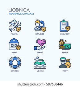 Insurance - colored vector modern single line icons set. Plane, travelling, male, female employee, document, check mark, home, health, hand, money, life ring, vehicle, thief.