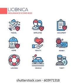 Insurance - Coloured Vector Modern Single Line Icons Set. Plane, Travelling, Male, Female Employee, Document, Check Mark, Home, Health, Hand, Money, Life Ring, Vehicle, Thief.