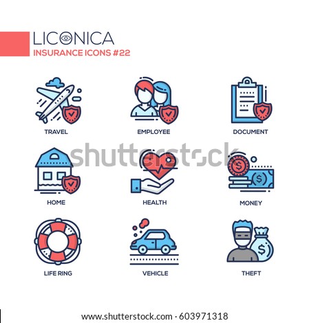 Insurance - coloured vector modern single line icons set. Plane, travelling, male, female employee, document, check mark, home, health, hand, money, life ring, vehicle, thief.