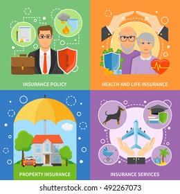 Insurance companies services flat icons square composition with life health and property protection policy abstract isolated vector illustration 