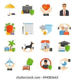 Insurance companies services flat icons set with travel health business and natural disasters policy symbols isolated vector illustration 