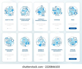 Insurance company advantages blue onboarding mobile app screen set. Walkthrough 5 steps editable graphic instructions with linear concepts. UI, UX, GUI template. Myriad Pro-Bold, Regular fonts used