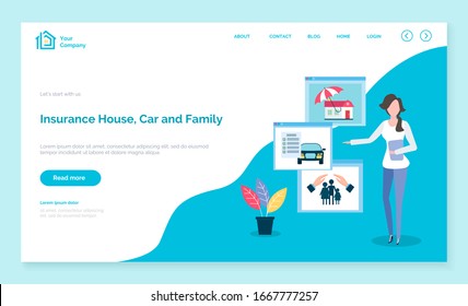 Insurance company agent pointing on house car and family security and safety. Insured property, protection of home and close people. Advisor on website or webpage template, landing page vector