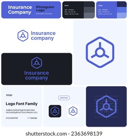 Insurance company blue line business logo with brand name. Safe box icon. Creative design element and visual identity. Template with inter font. Suitable for insurance, financial protection.