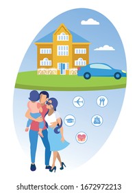 Insurance Company. Family Property Insurance. Family Hugs. Vector Illustration. Reliable Protection. Family on Background Big Yellow House and Blue Car. Icon with Insurance Case. Man with Wife and Boy