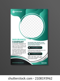 Insurance Company Flyer Design Template Use Vertical Layout. White Background Combined With Black And Green Gradient On Elements. Circle Shape For Space Of Photo Collage. Wave Fluid Style. 