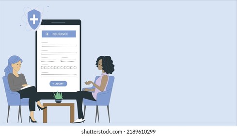 insurance company girl with document talking about insurance in policy while client sitting on chair. Woman shows insurance. vector illustration