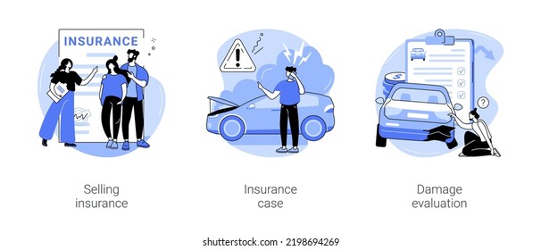 Insurance company isolated cartoon vector illustrations set. Professional agent selling health insurance, claim a compensation for damaged car, specialist makes damage evaluation vector cartoon.