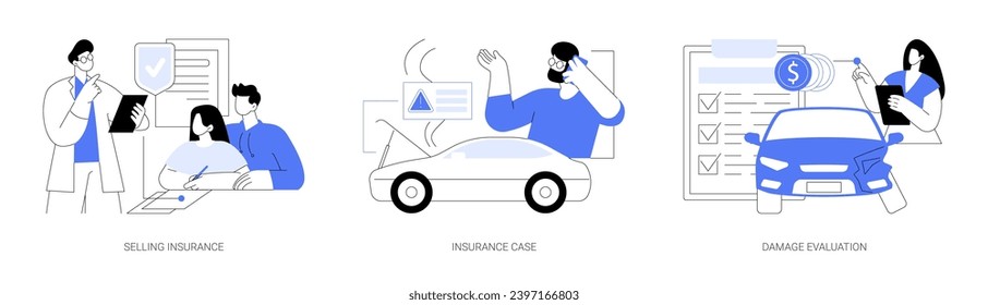 Insurance company isolated cartoon vector illustrations set. Professional agent selling health insurance, claim a compensation for damaged car, specialist makes damage evaluation vector cartoon.