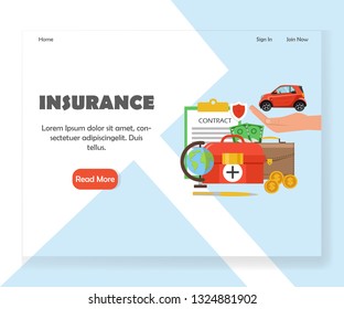 Insurance company landing page template. Vector flat style design concept for website and mobile site development. Health, business risk and auto insurance services.