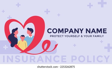 Insurance company offering policy to protect you and your family. Care and safety for members, buy from agency or organization, think of future. Business card with logotype, vector in flat style