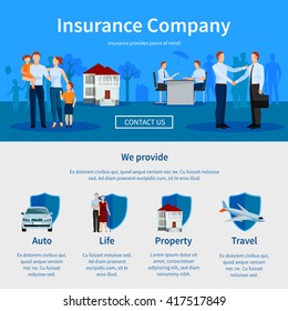 Insurance Company One Page Website With Negotiations And Icons Of Auto Travel Life And Property Vector Illustration 