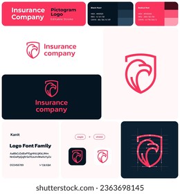 Insurance company red line business logo with brand name. Eagle and shield icon. Creative design element and visual identity. Template with kanit font. Suitable for insurance, risk management.