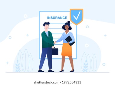 Insurance company representative is shaking hand with client after signing insurance policy. Flat abstract cartoon vector illustration concept design poster. Isolated on white background.