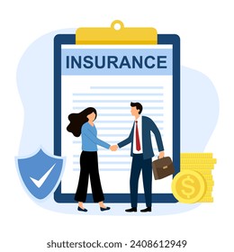 Insurance company representative is shaking hand with client after signing insurance policy.