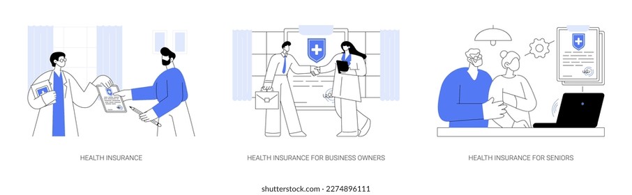 Insurance company service abstract concept vector illustration set. Health insurance, medical protection for business owners, health and life policy for seniors, meeting with doctor abstract metaphor.