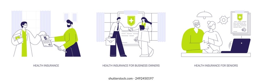 Insurance company service abstract concept vector illustration set. Health insurance, medical protection for business owners, health and life policy for seniors, meeting with doctor abstract metaphor.