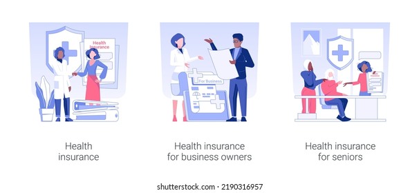 Insurance company service isolated concept vector illustration set. Health insurance, medical protection for business owners, health and life policy for seniors, meeting with doctor vector cartoon.