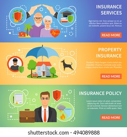 Insurance company services policy online information 3 flat horizontal banners set webpage design abstract isolated vector illustration 